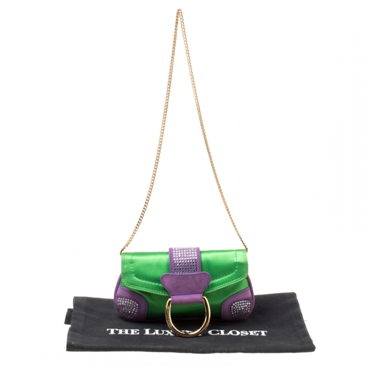 Pre Owned Dolce & Gabbana Green/Purple Satin and Suede Crystal Studded Chain Pochette