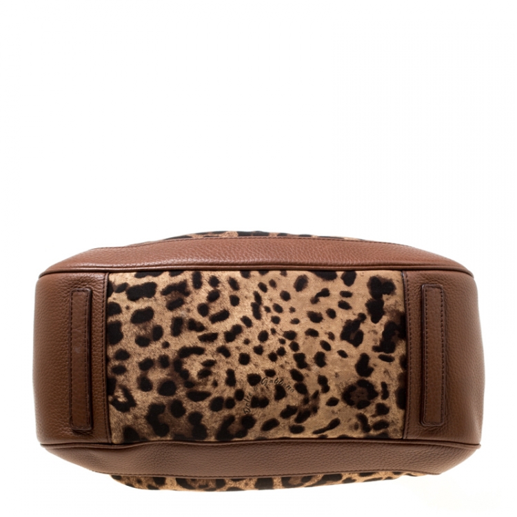 Pre Owned Dolce & Gabbana Brown Leopard Print Fabric and Leather Animalier Satchel