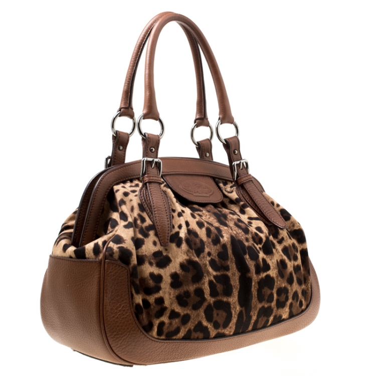Pre Owned Dolce & Gabbana Brown Leopard Print Fabric and Leather Animalier Satchel