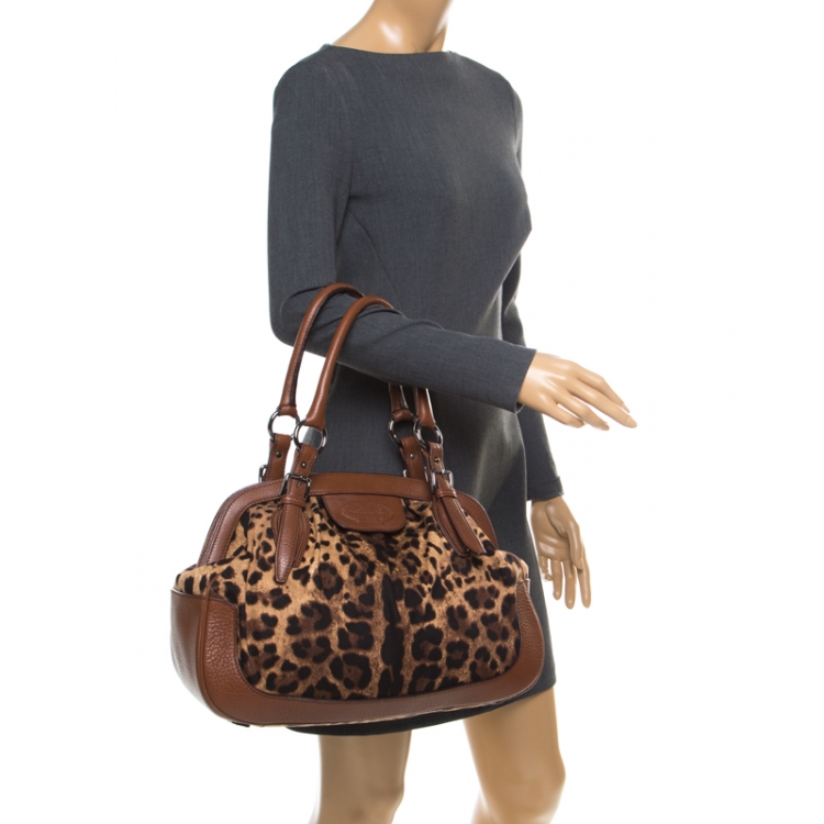 Pre Owned Dolce & Gabbana Brown Leopard Print Fabric and Leather Animalier Satchel