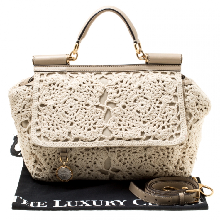 Pre Owned Dolce & Gabbana Off White/Beige Crochet Fabric Large Miss Sicily Top Handle Bag