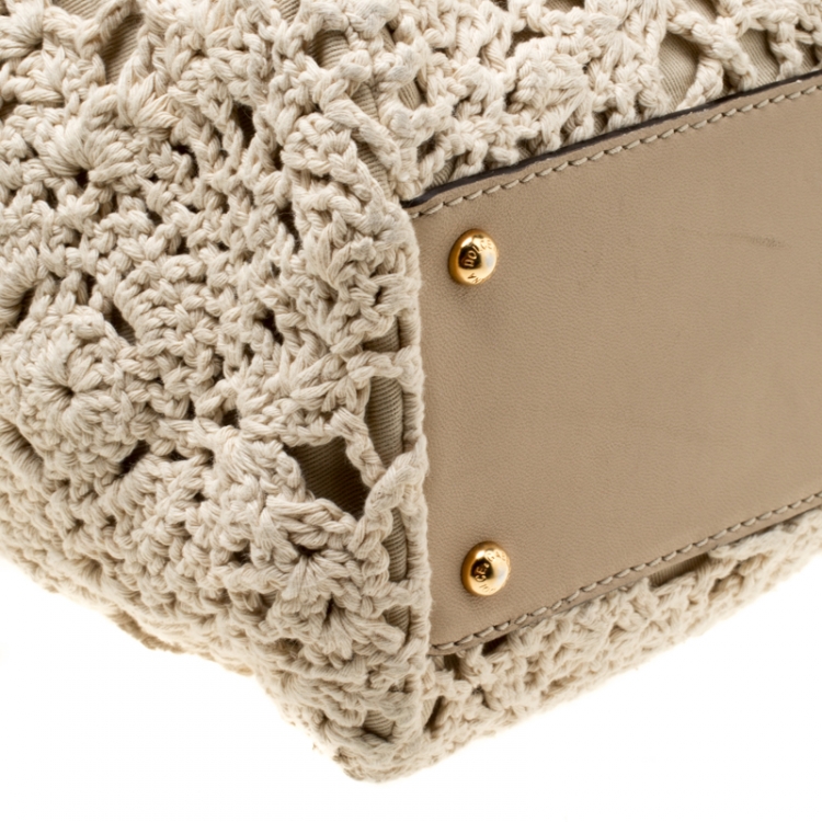 Pre Owned Dolce & Gabbana Off White/Beige Crochet Fabric Large Miss Sicily Top Handle Bag