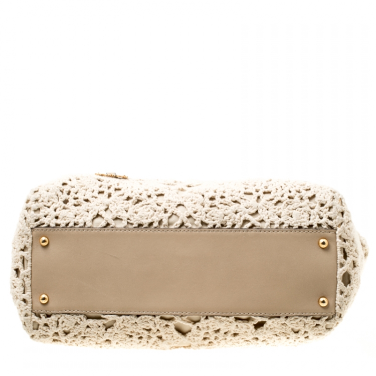 Pre Owned Dolce & Gabbana Off White/Beige Crochet Fabric Large Miss Sicily Top Handle Bag