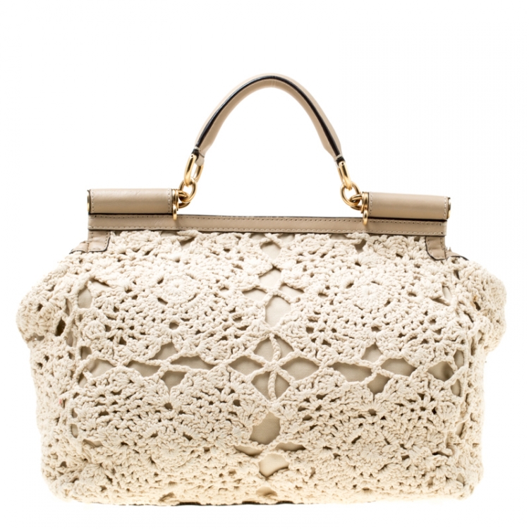 Pre Owned Dolce & Gabbana Off White/Beige Crochet Fabric Large Miss Sicily Top Handle Bag