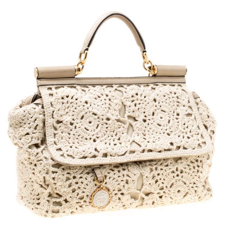 Pre Owned Dolce & Gabbana Off White/Beige Crochet Fabric Large Miss Sicily Top Handle Bag