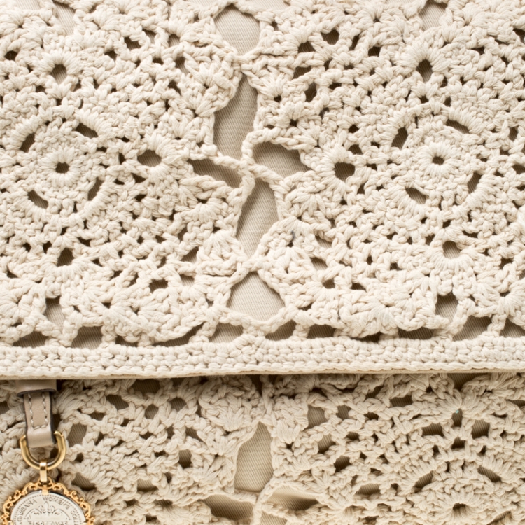 Pre Owned Dolce & Gabbana Off White/Beige Crochet Fabric Large Miss Sicily Top Handle Bag