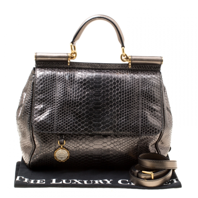 Pre Owned Dolce & Gabbana Metallic Gun Metal Python Embossed Leather Large Miss Sicily Top Handle Bag