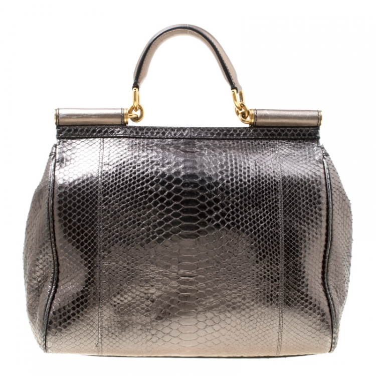 Pre Owned Dolce & Gabbana Metallic Gun Metal Python Embossed Leather Large Miss Sicily Top Handle Bag