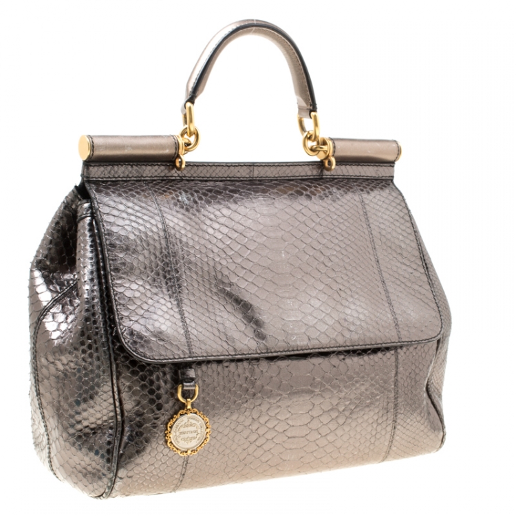 Pre Owned Dolce & Gabbana Metallic Gun Metal Python Embossed Leather Large Miss Sicily Top Handle Bag