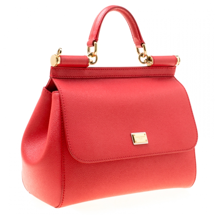 Pre Owned Dolce & Gabbana Red Leather Medium Miss Sicily Top Handle Bag