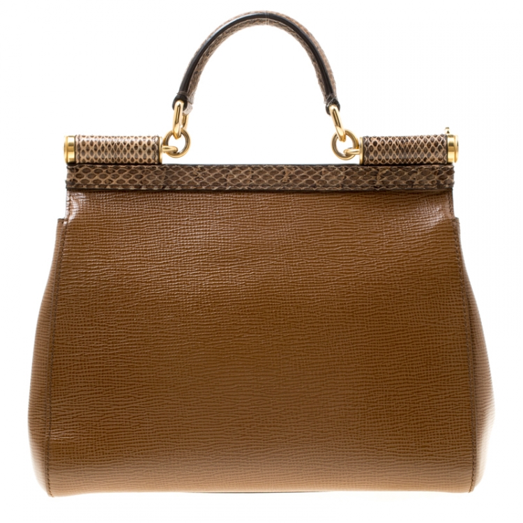 Pre Owned Dolce and Gabbana Brown Leather and Snakeskin Medium Miss Sicily Top Handle Bag