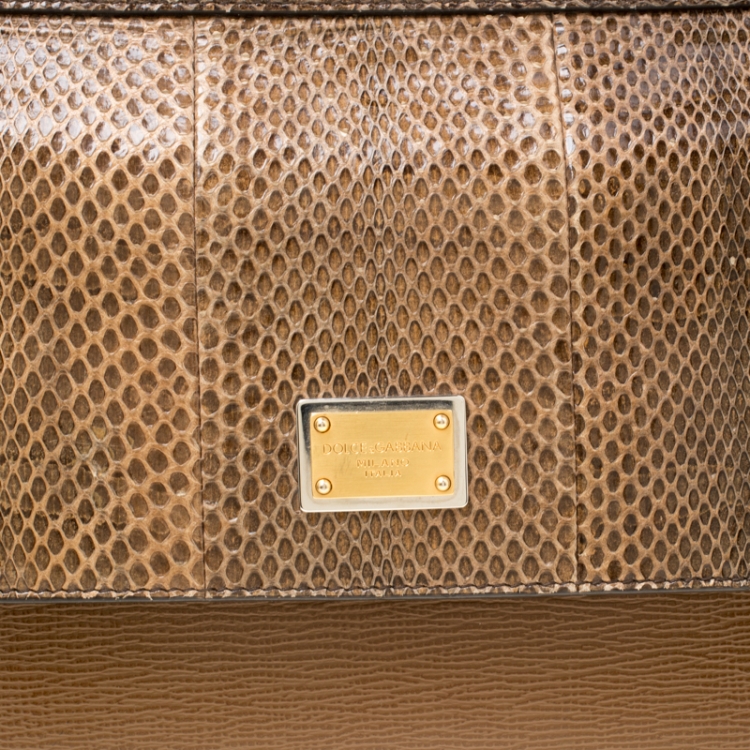 Pre Owned Dolce and Gabbana Brown Leather and Snakeskin Medium Miss Sicily Top Handle Bag