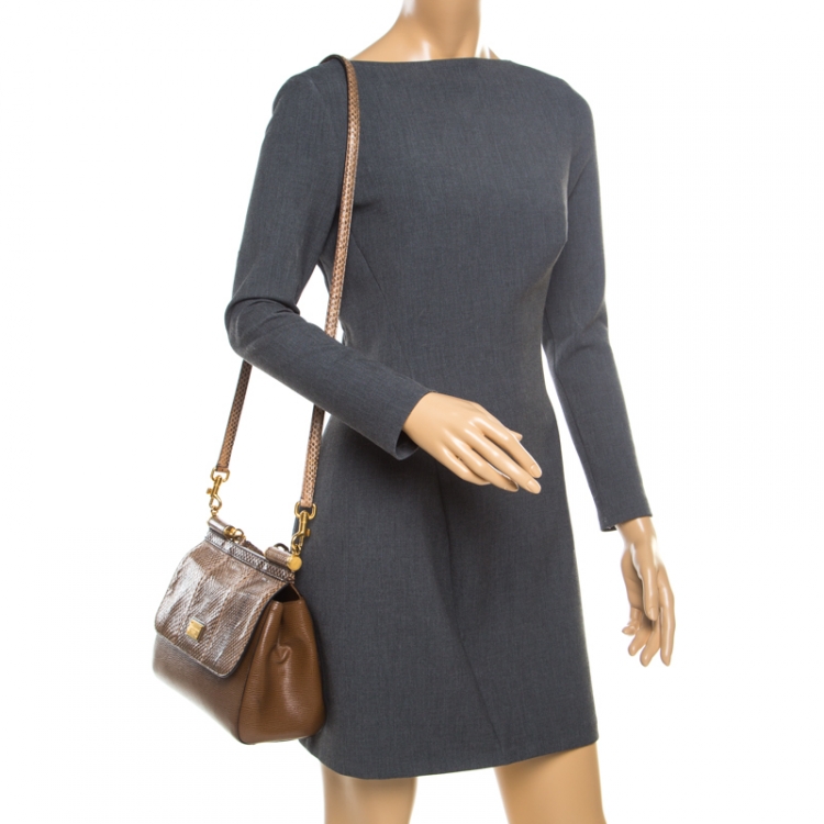 Pre Owned Dolce and Gabbana Brown Leather and Snakeskin Medium Miss Sicily Top Handle Bag