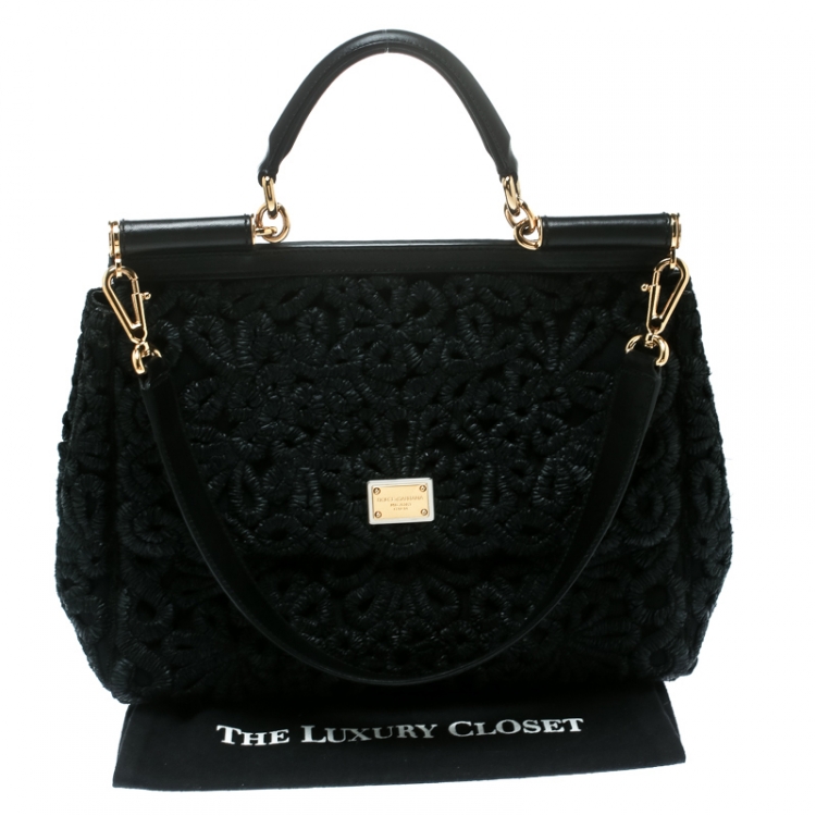 Pre Owned Dolce and Gabbana Black Crochet Raffia Large Miss Sicily Top Handle Bag