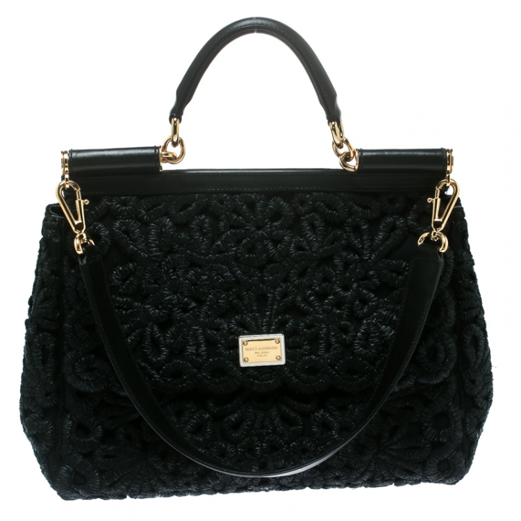 Pre Owned Dolce and Gabbana Black Crochet Raffia Large Miss Sicily Top Handle Bag