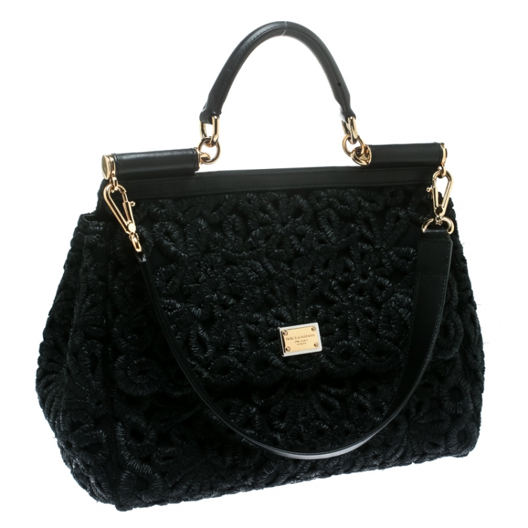 Pre Owned Dolce and Gabbana Black Crochet Raffia Large Miss Sicily Top Handle Bag