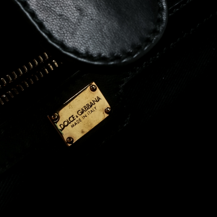 Pre Owned Dolce and Gabbana Black Crochet Raffia Large Miss Sicily Top Handle Bag