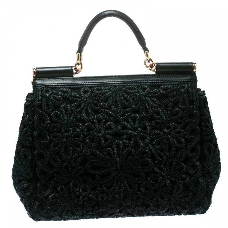 Pre Owned Dolce and Gabbana Black Crochet Raffia Large Miss Sicily Top Handle Bag
