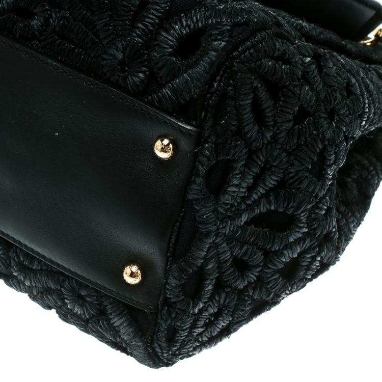 Pre Owned Dolce and Gabbana Black Crochet Raffia Large Miss Sicily Top Handle Bag