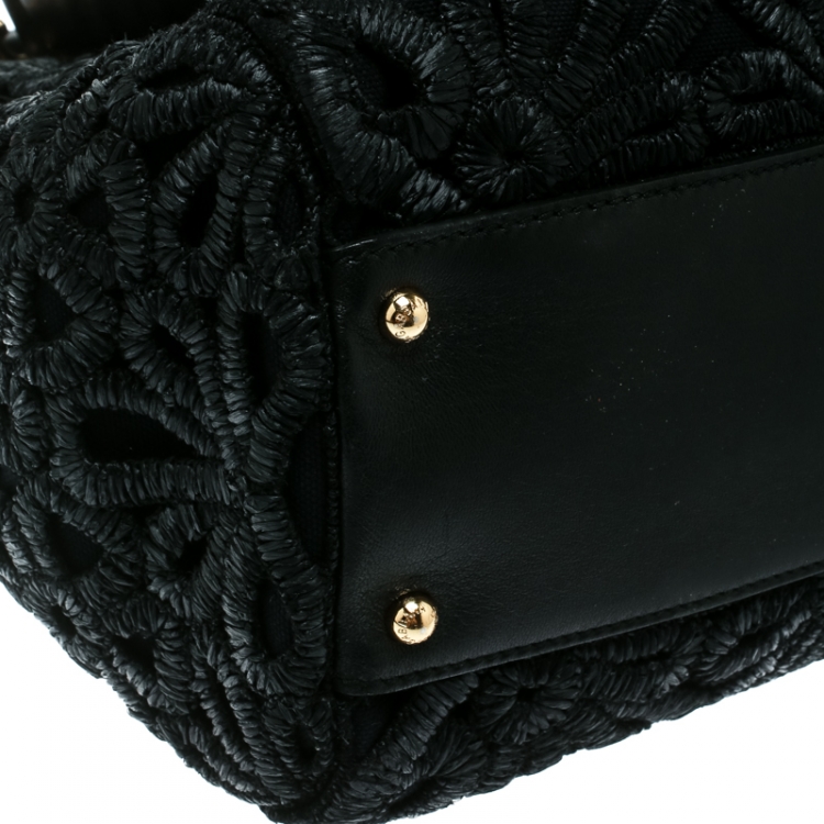 Pre Owned Dolce and Gabbana Black Crochet Raffia Large Miss Sicily Top Handle Bag