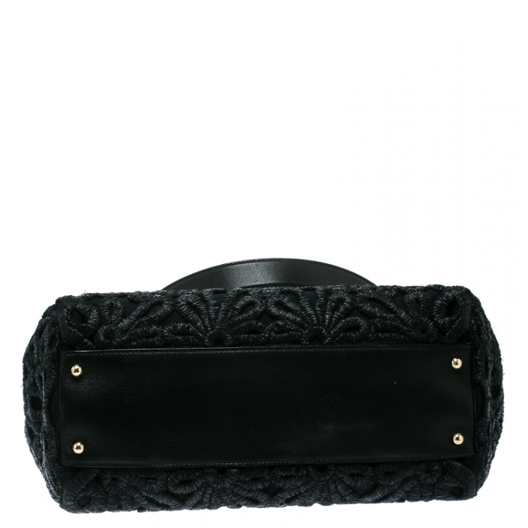 Pre Owned Dolce and Gabbana Black Crochet Raffia Large Miss Sicily Top Handle Bag