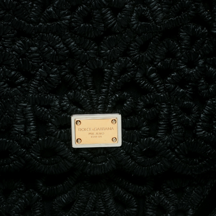 Pre Owned Dolce and Gabbana Black Crochet Raffia Large Miss Sicily Top Handle Bag