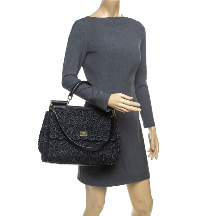 Pre Owned Dolce and Gabbana Black Crochet Raffia Large Miss Sicily Top Handle Bag
