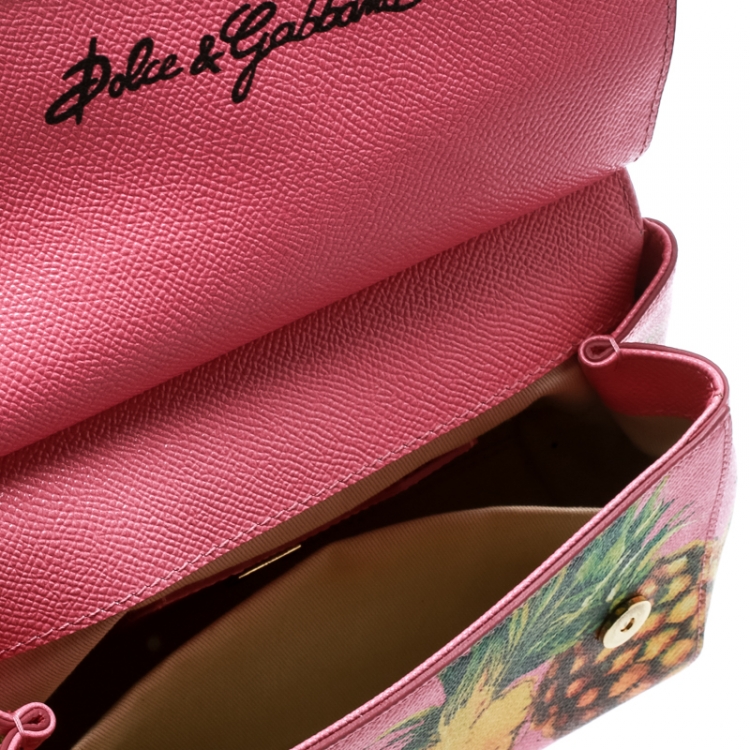 Pre Owned Dolce and Gabbana Pink Pineapple Print Leather Small Miss Sicily Top Handle Bag