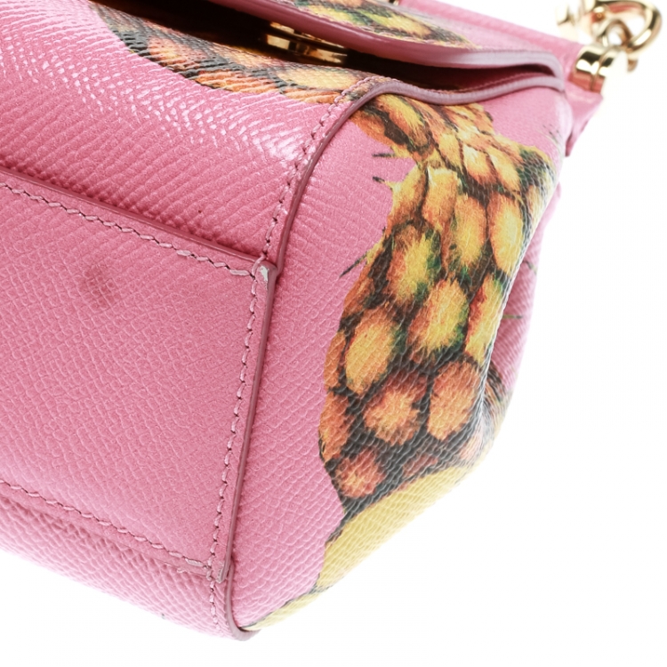 Pre Owned Dolce and Gabbana Pink Pineapple Print Leather Small Miss Sicily Top Handle Bag