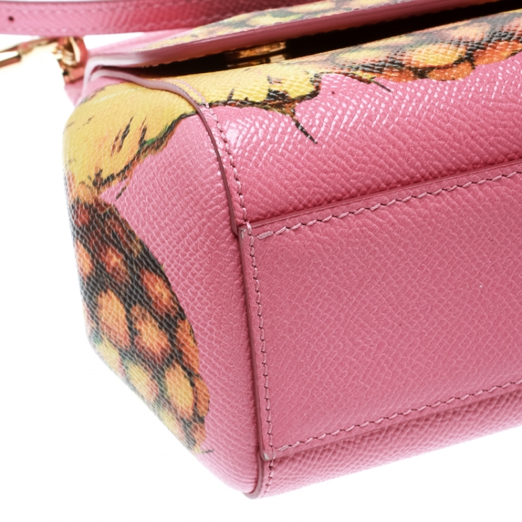 Pre Owned Dolce and Gabbana Pink Pineapple Print Leather Small Miss Sicily Top Handle Bag