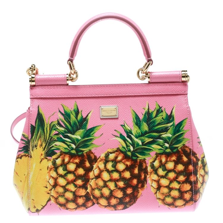Pre Owned Dolce and Gabbana Pink Pineapple Print Leather Small Miss Sicily Top Handle Bag