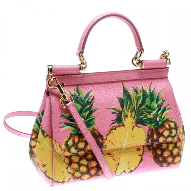 Pre Owned Dolce and Gabbana Pink Pineapple Print Leather Small Miss Sicily Top Handle Bag