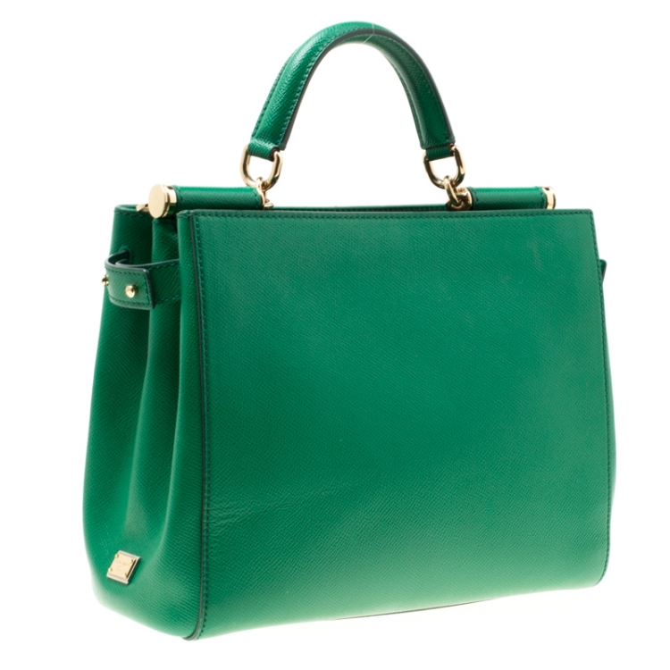 Pre Owned Dolce and Gabbana Green Leather Medium Miss Sicily Top Handle Bag