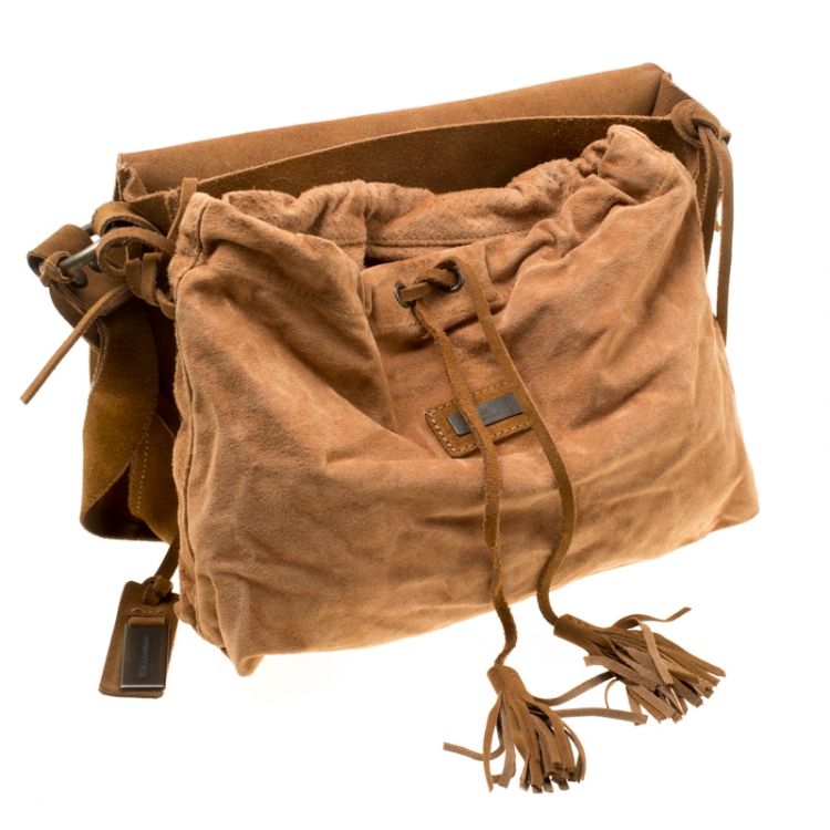 Pre Owned Dolce and Gabbana Brown Suede Butterfly Embellished Flap Bag