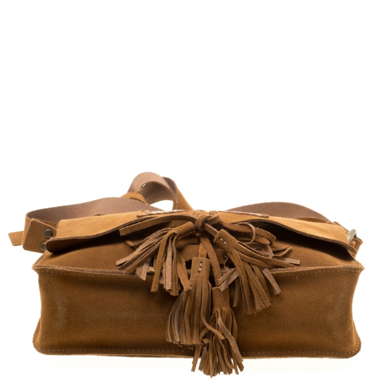 Pre Owned Dolce and Gabbana Brown Suede Butterfly Embellished Flap Bag