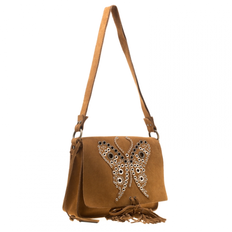 Pre Owned Dolce and Gabbana Brown Suede Butterfly Embellished Flap Bag