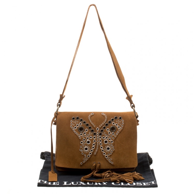 Pre Owned Dolce and Gabbana Brown Suede Butterfly Embellished Flap Bag