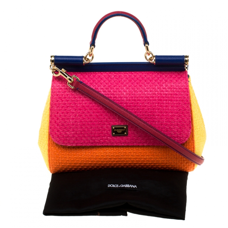 Pre Owned Dolce and Gabbana Multicolor Raffia and Leather Medium Miss Sicily Top Handle Bag
