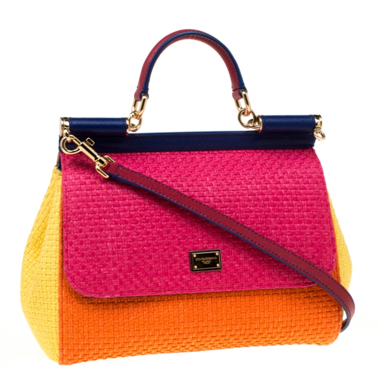 Pre Owned Dolce and Gabbana Multicolor Raffia and Leather Medium Miss Sicily Top Handle Bag