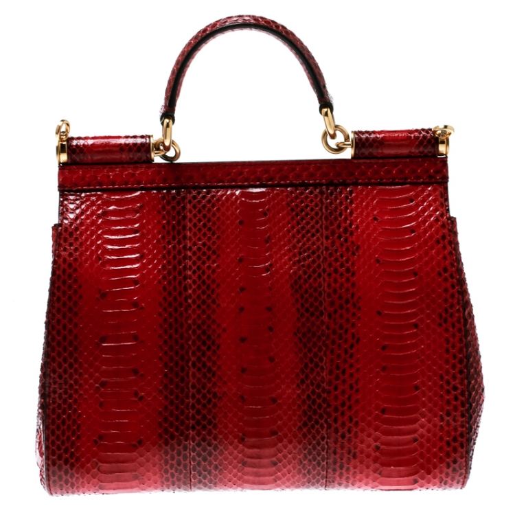 Pre Owned Dolce and Gabbana Red Python Medium Miss Sicily Top Handle Bag