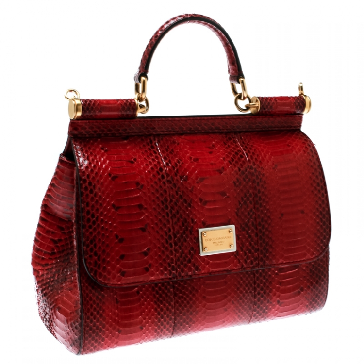 Pre Owned Dolce and Gabbana Red Python Medium Miss Sicily Top Handle Bag