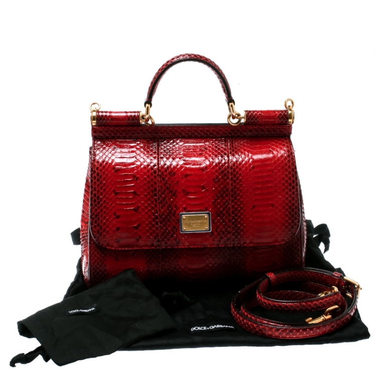 Pre Owned Dolce and Gabbana Red Python Medium Miss Sicily Top Handle Bag