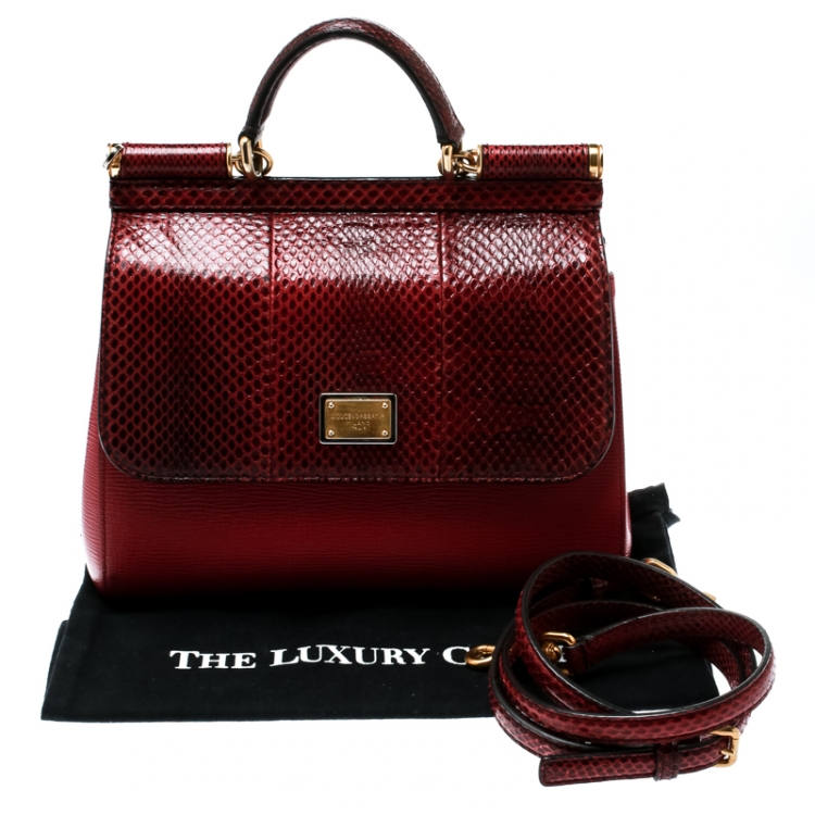 Pre Owned Dolce and Gabbana Red Leather and Python Medium Miss Sicily Top Handle Bag