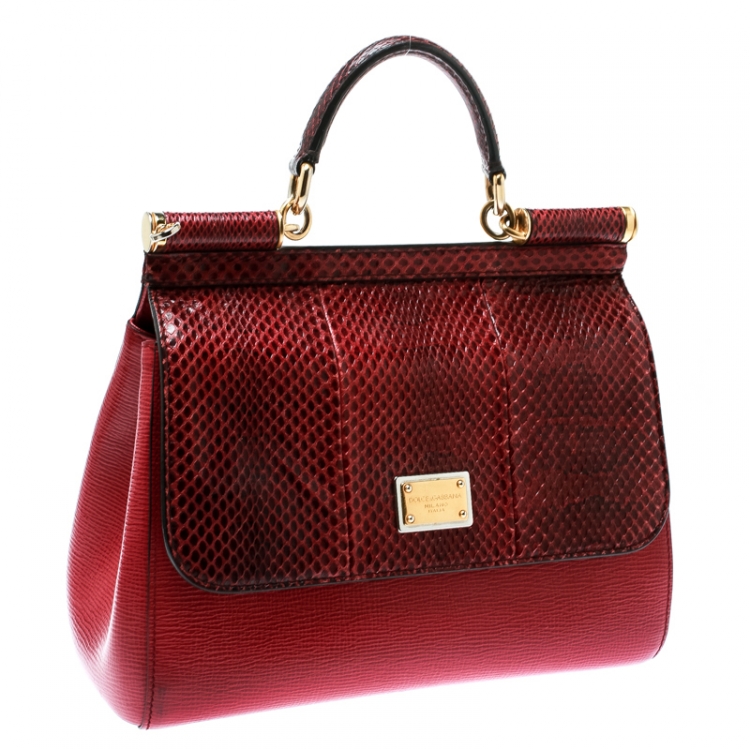 Pre Owned Dolce and Gabbana Red Leather and Python Medium Miss Sicily Top Handle Bag