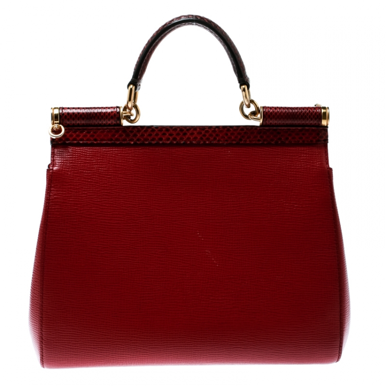 Pre Owned Dolce and Gabbana Red Leather and Python Medium Miss Sicily Top Handle Bag