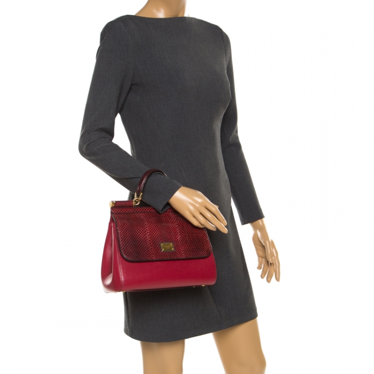 Pre Owned Dolce and Gabbana Red Leather and Python Medium Miss Sicily Top Handle Bag