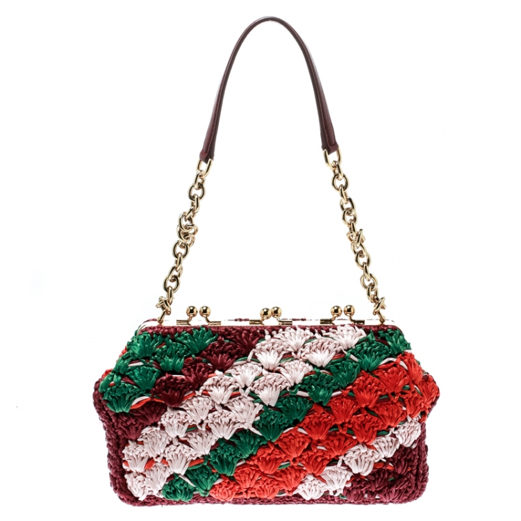 Pre Owned Dolce and Gabbana Multicolor Raffia Kiss Lock Frame Clutch