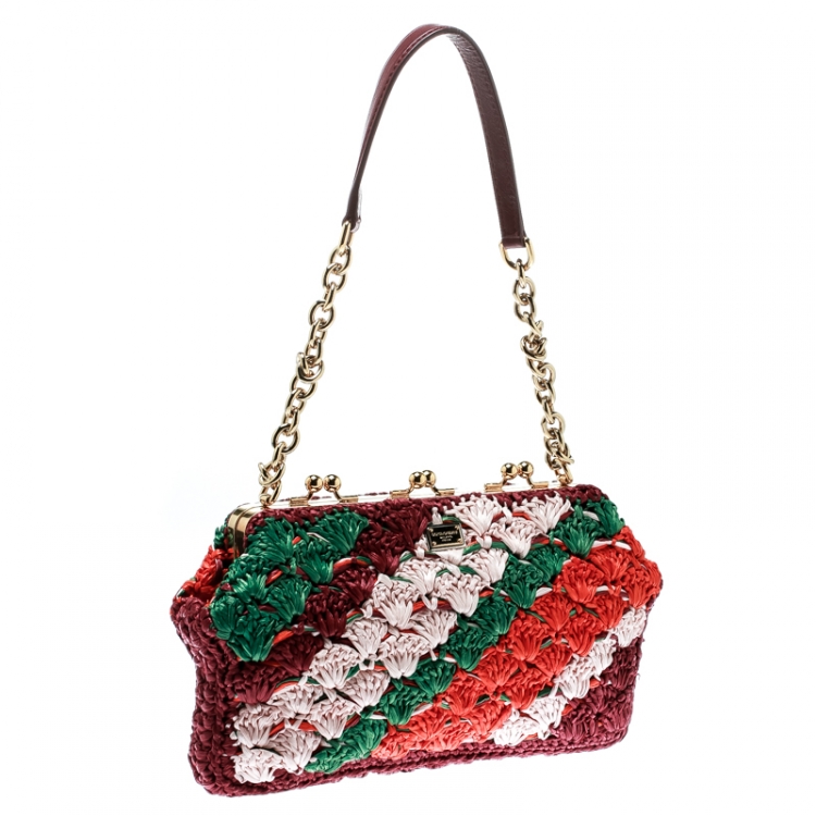 Pre Owned Dolce and Gabbana Multicolor Raffia Kiss Lock Frame Clutch