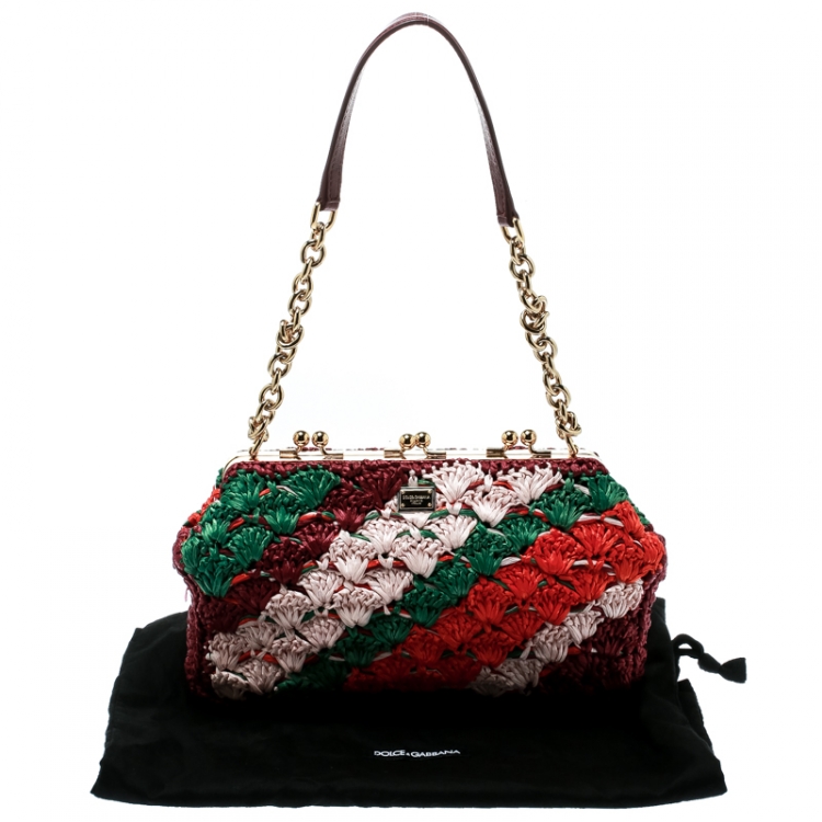 Pre Owned Dolce and Gabbana Multicolor Raffia Kiss Lock Frame Clutch
