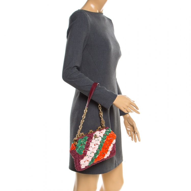Pre Owned Dolce and Gabbana Multicolor Raffia Kiss Lock Frame Clutch